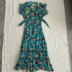 Farm Rio Pineapple Forest Tie Neck Dress Size Medium